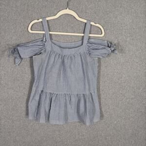 Moa Moa Seersucker Tank Top Small Blue Tie Bow Preppy Nautical Summer Feminine